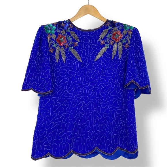 Vintage Lawrence Kazar New York Silk Blue Beaded Sequin Cocktail Style Top, L - Picture 1 of 13